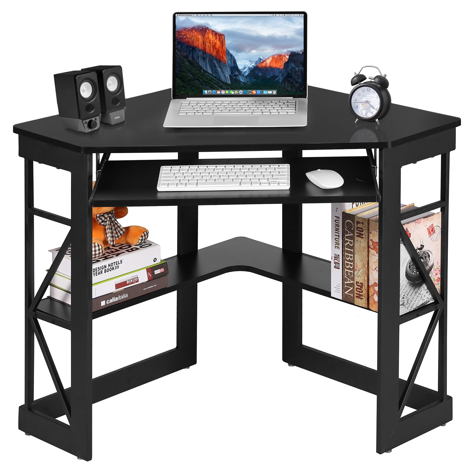 VECELO Corner Computer Desk with Keyboard Tray and Storage Shelf, Student Study Writting Table Workstation for College Dorm Apartment Home Office, Black (90 Degrees)