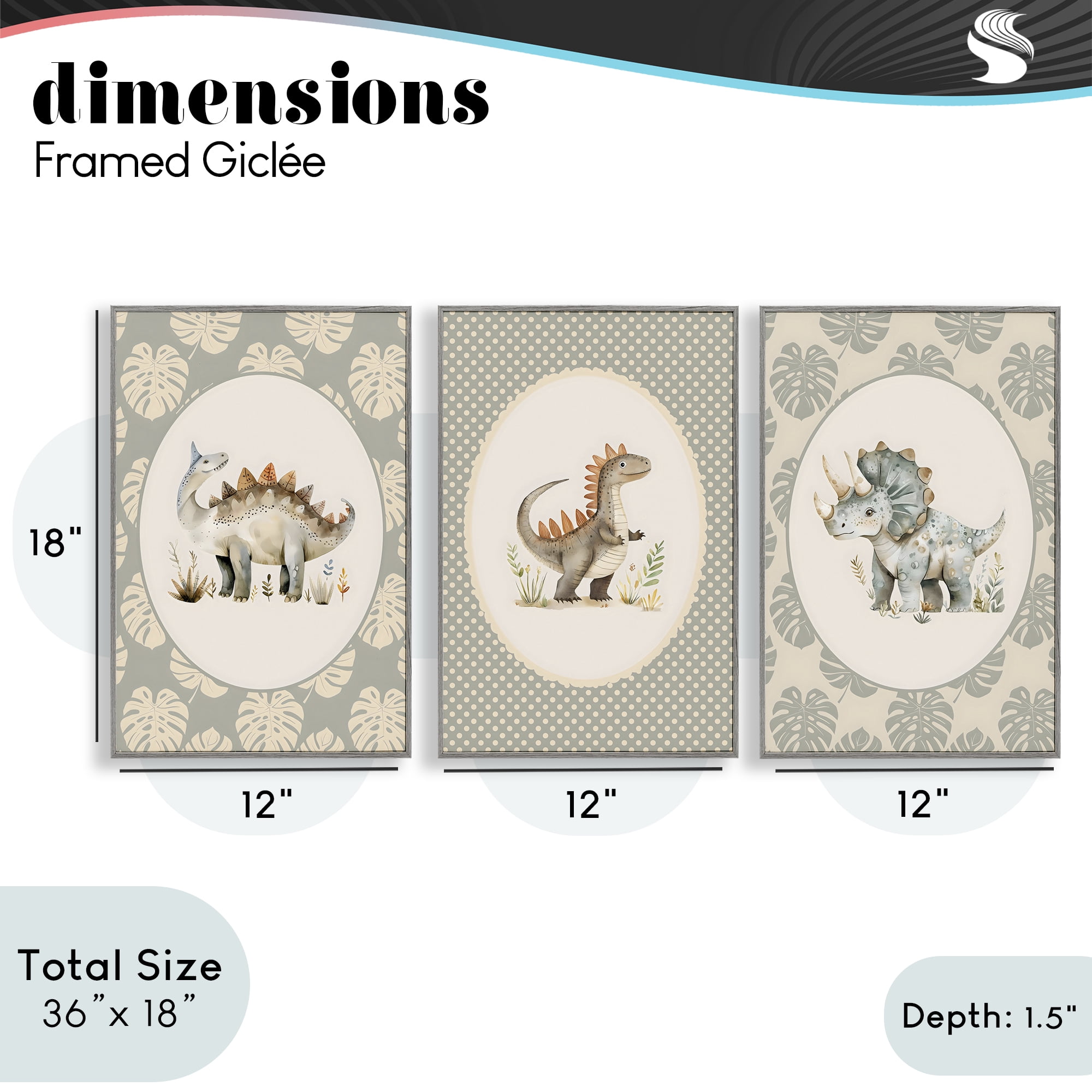 Stupell Industries Nursery Dinosaurs Tropical Border 3 Piece Gray Framed Giclee Art Set, design by LSR Design Studio