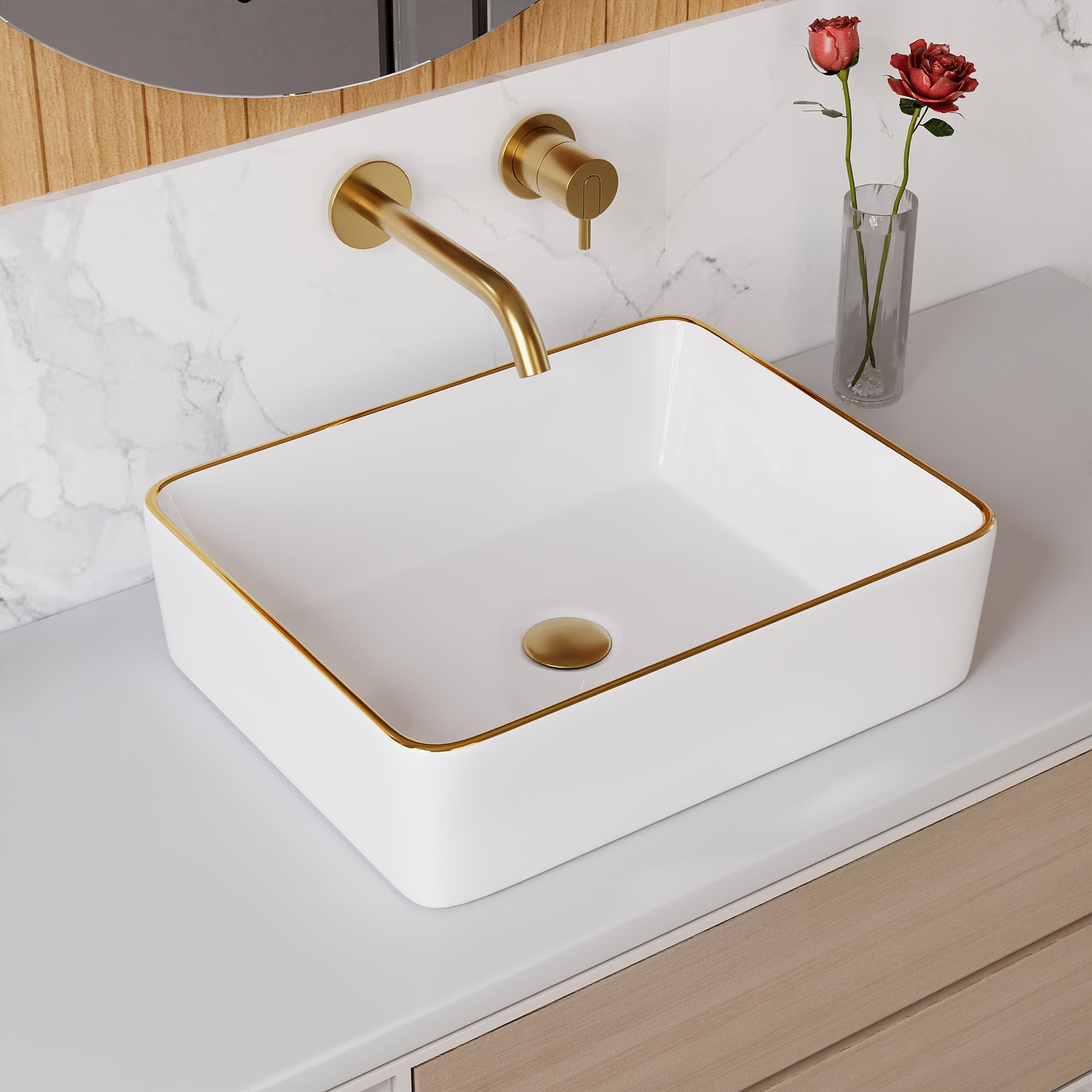 19 in. L x 15 in. W Rectangular White Bathroom Ceramic Vessel Sink with Gold Trim Above Counter, Faucet Not Included  DV-1V0365