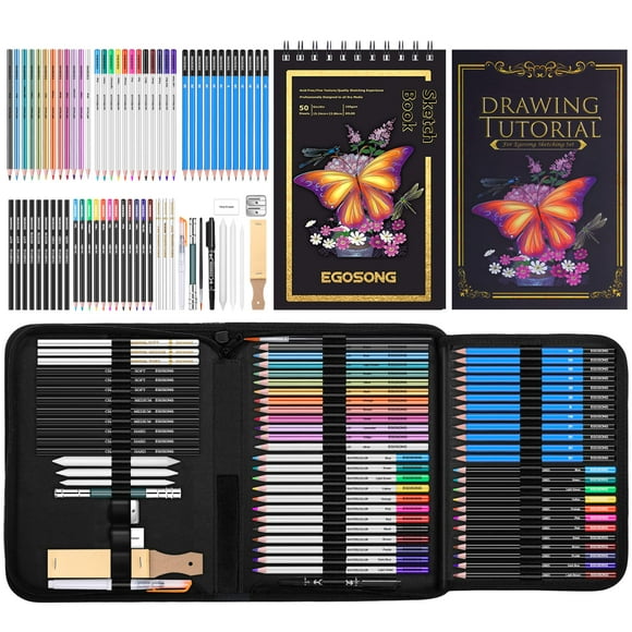 Artistic Creations: Complete 73-Piece Drawing Set with Sketchbook, Tutorial, and a Variety of Sketching Supplies - Graphite, Colored, Charcoal, Watercolor, and Metallic Pencils - Perfect for Artists,
