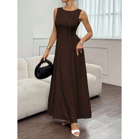 Womens Tank Maxi Dress Sleeveless Crew Neck Summer Folds Dresses Formal A Line Modest Party Dress Brown M