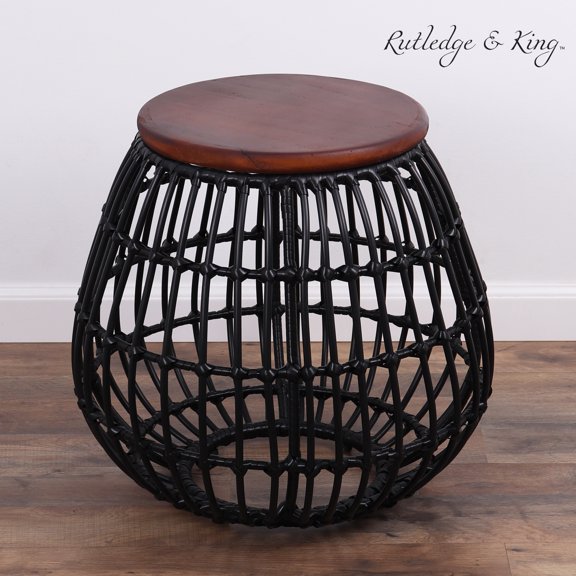 Rutledge & King Enderly Indoor Contemporary Rattan Wood Round End Table, Black