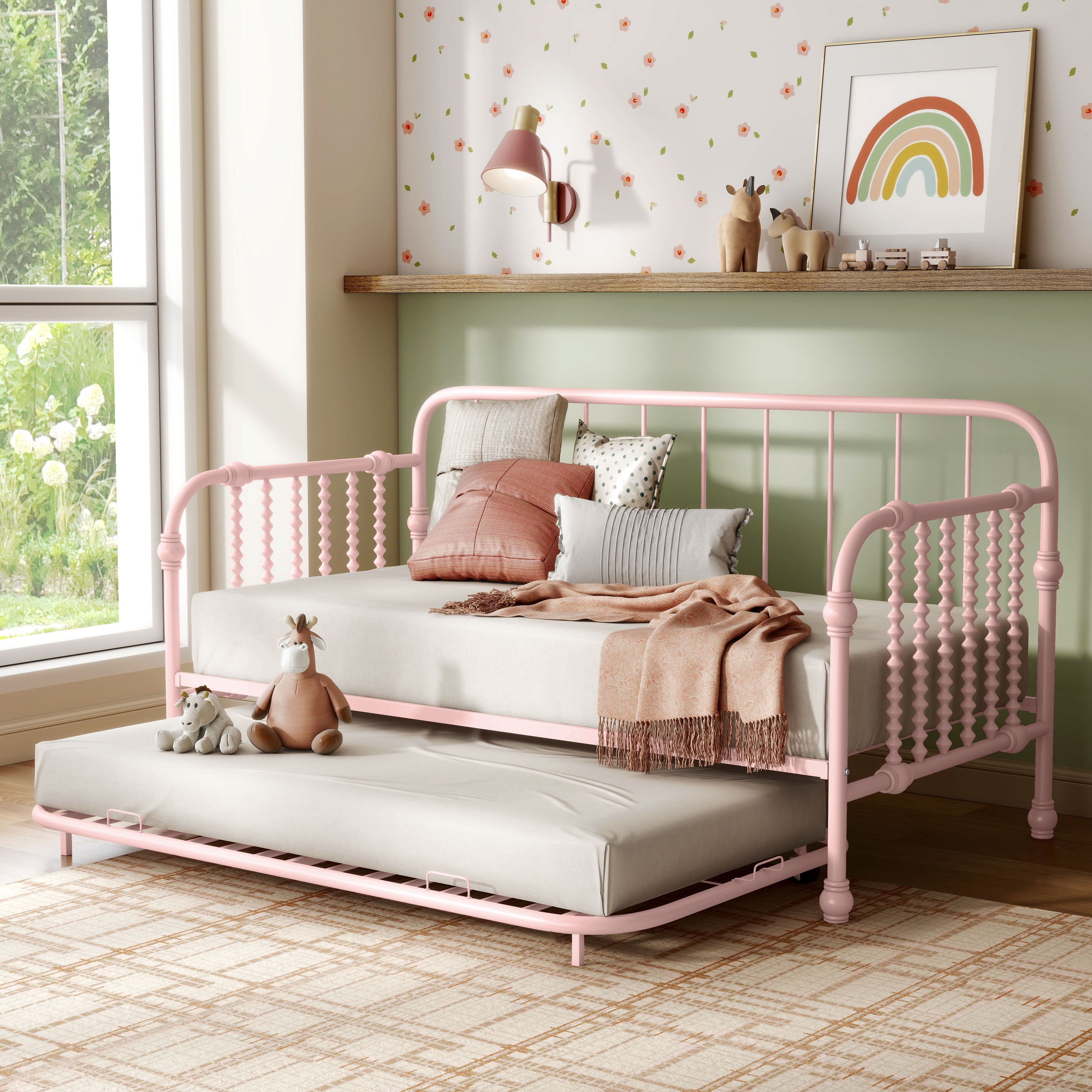 Furniture of America Wren Metal 2-Piece Twin Daybed with Trundle Set, Pink