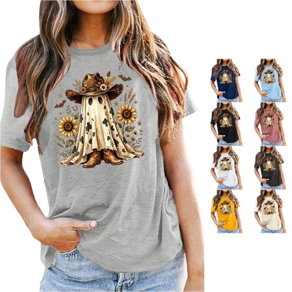 Yuhangmm Womens Halloween Shirts T Shirt with Cute Graphics Soft Round Neck Casual Tee for Daily Lightweight Top with Playful Design Grey L