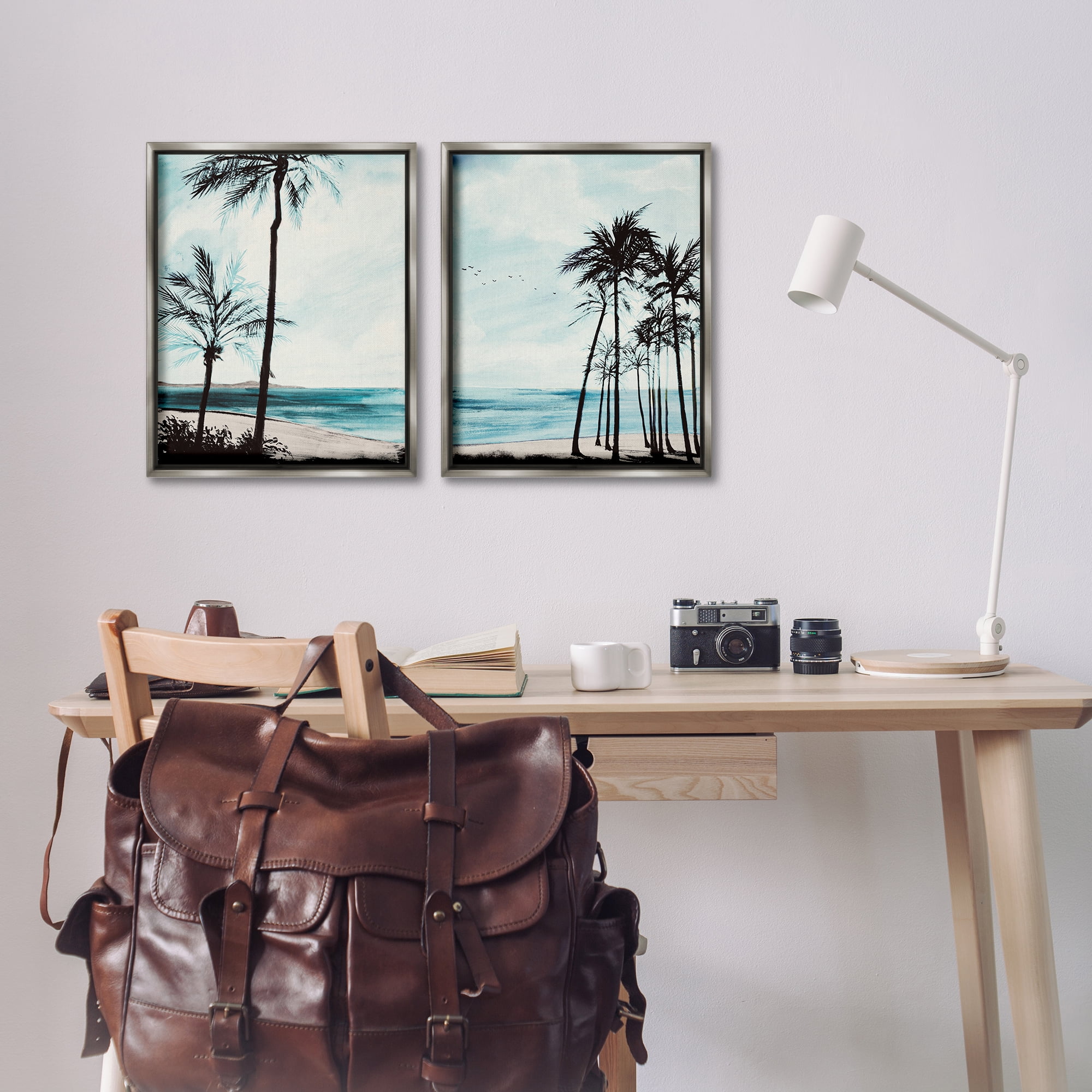 Stupell Industries Tropical Palm Seaview Landscape & Nature Painting Gray Floater Framed Canvas Art Print Wall Art, 17 x 21, Set of 2