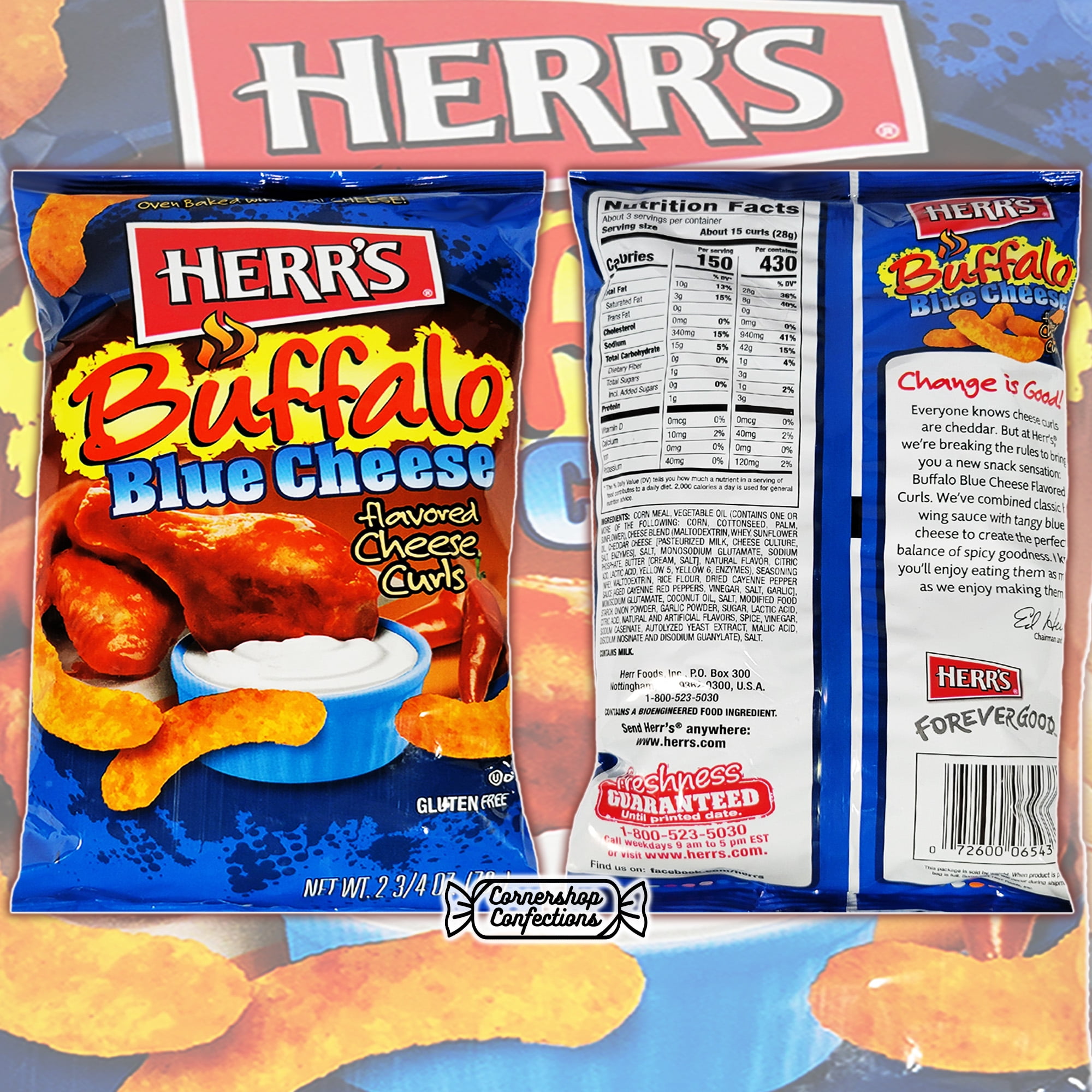Herr's Buffalo Blue Cheese Flavored Cheese Curls 8 Bag Bulk Pack - 8 Individually Sealed Bags of Cheese Curls - Friendly Challenges, Movie Night, School Snack in Cornershop Confections Pack