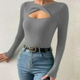 thumbnail image 4 of Cute Tops for Women Fall Long Sleeve Cutout Solid Ribbed Knit Pullover Slim Fit Basic Womens Tee Shirts Dressy Casual Grey XL, 4 of 7