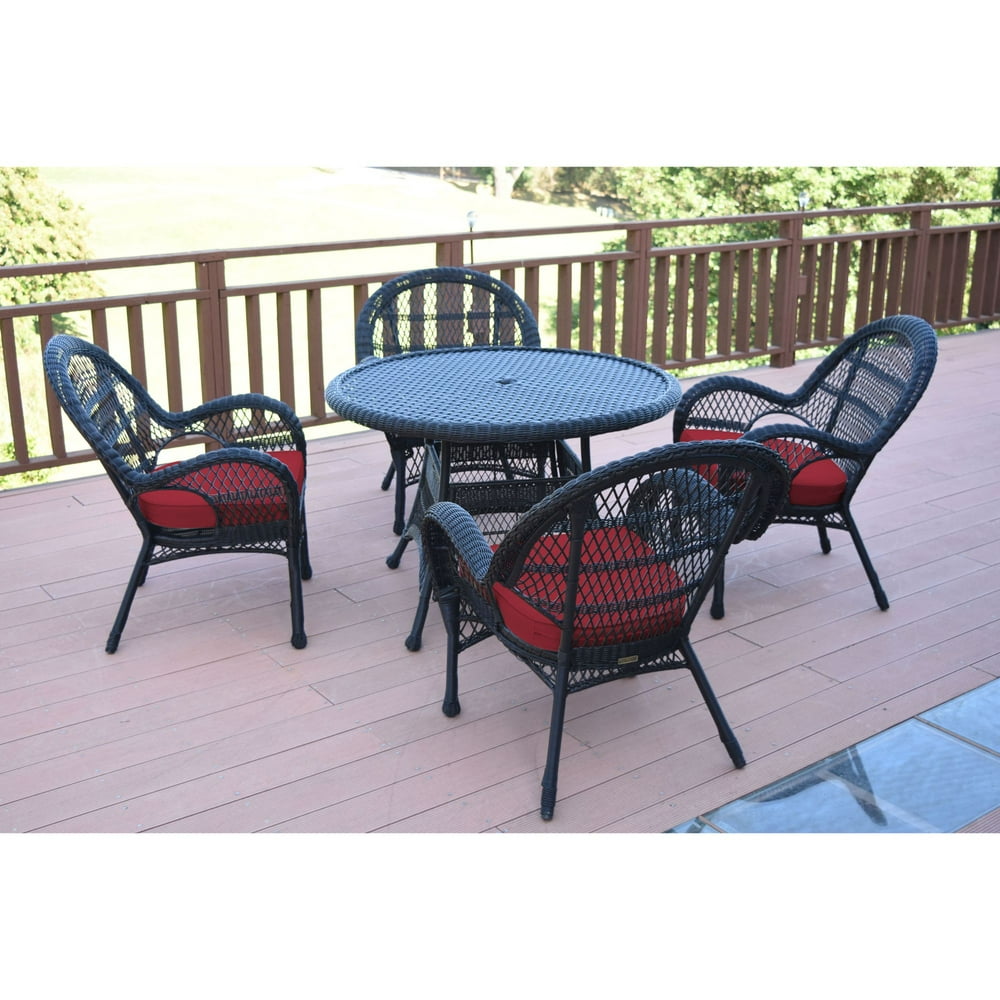 5-Piece Black Outdoor Furniture Patio Dining Set - Red Cushions