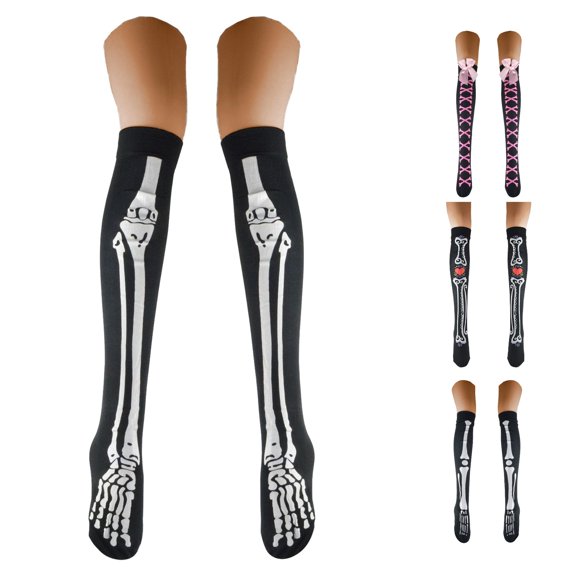 AWZXDE Womens Halloween Bone Print Knee High Socks‑Pattern Gothic Cosplay Socks With Bow Stretch Knit Socks for Halloween Party Outfit and Themed Dress‑up
