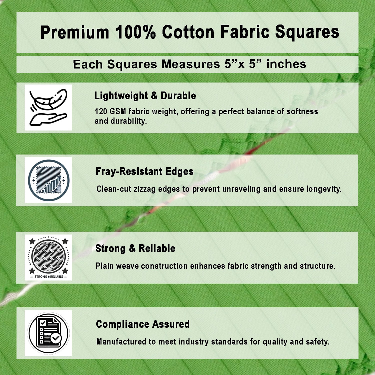 Soimoi 40 Pcs Solid Cotton Fabric Squares Bundles Charm Packs for Quilting, Fat Quarter Layer Cakes, Fabric Scraps for Crafts,Precuts Quilt Squares 5 x 5 inches, DIY Fabric Bundle - Fresh Green