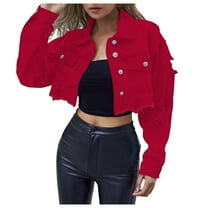 TTUHYWXI Women's Long Sleeves Denim Jean Jacket Regular Fit Single Crop Hem Denim Jacket (Red, S)