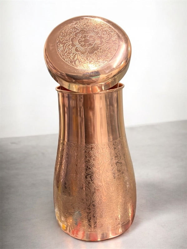 Copper Bedroom Bottle with Inbuilt Glass – Embossed Luxury Design Water Bottle for Daily Use Perfect for Bedroom or Gift