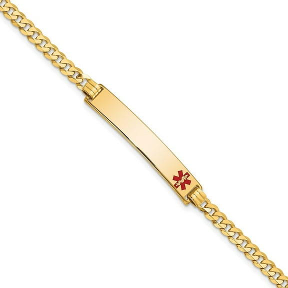 Auriga 14K Yellow Gold Red Enamel Flat Curb Link Id Bracelet 7 inch for Women(L- 7inch, W- 6.5mm)