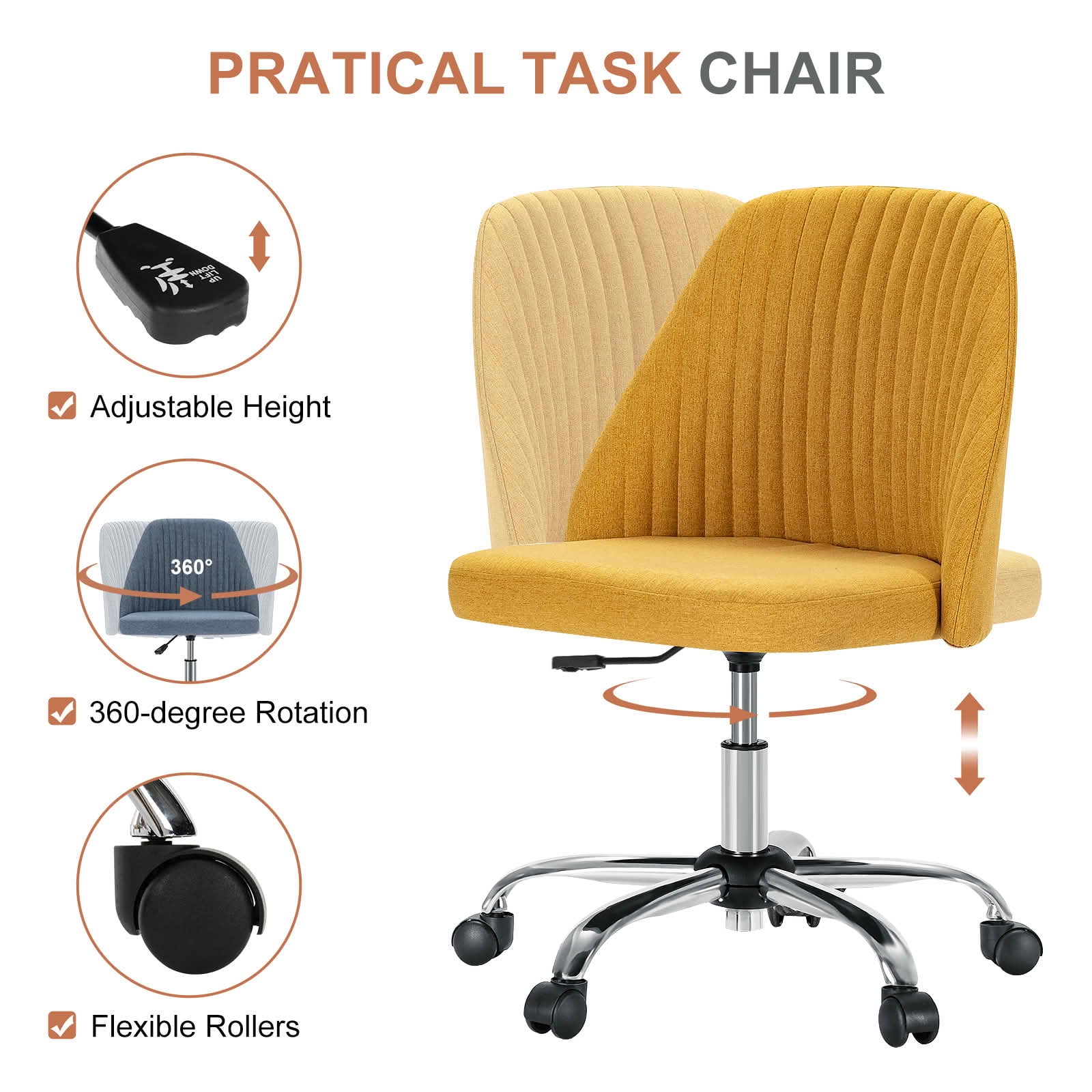 MAYEERTY Modern Fabric Armless Office Desk Chair, 360° Swivel Height Adjustable Rolling Vanity Chair with Wheels