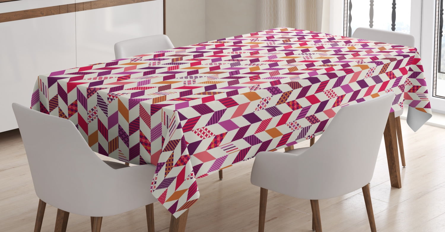 Patchwork Tablecloth, Colorful Geometric Herringbone Patchwork Pattern