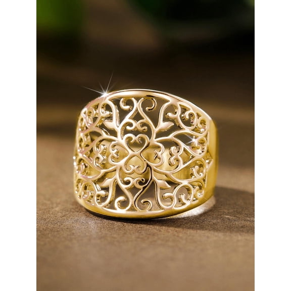 Yellow Gold Filigree Statement Ring For Women Fashion Jewelry