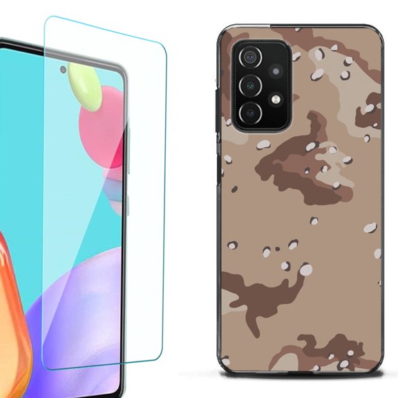 Slim-Fit Flexible TPU Gel Phone Case (black) for Samsung Galaxy A52 5G, with Tempered Glass Screen Protector, by OneToughShield ® - Desert Camo