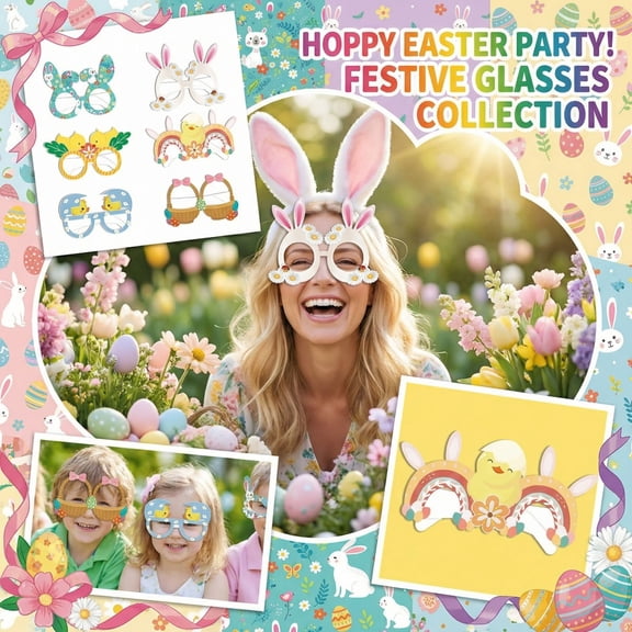 6PCS Easter Paper Party Glasses Decorations 5.5in Chick Egg Photo Booth Glasses Party Supplies for Easter Parties Celebration Party Accessories