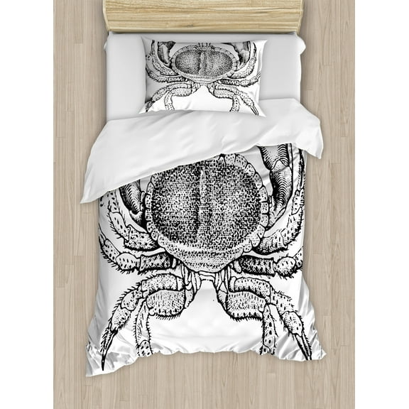 Crabs Duvet Cover Set Twin Size, Seafood Themed Design Vintage Engraved Illustration of an Edible Crab Print, Decorative 2 Piece Bedding Set with 1 Pillow Sham, Black and White, by Ambesonne