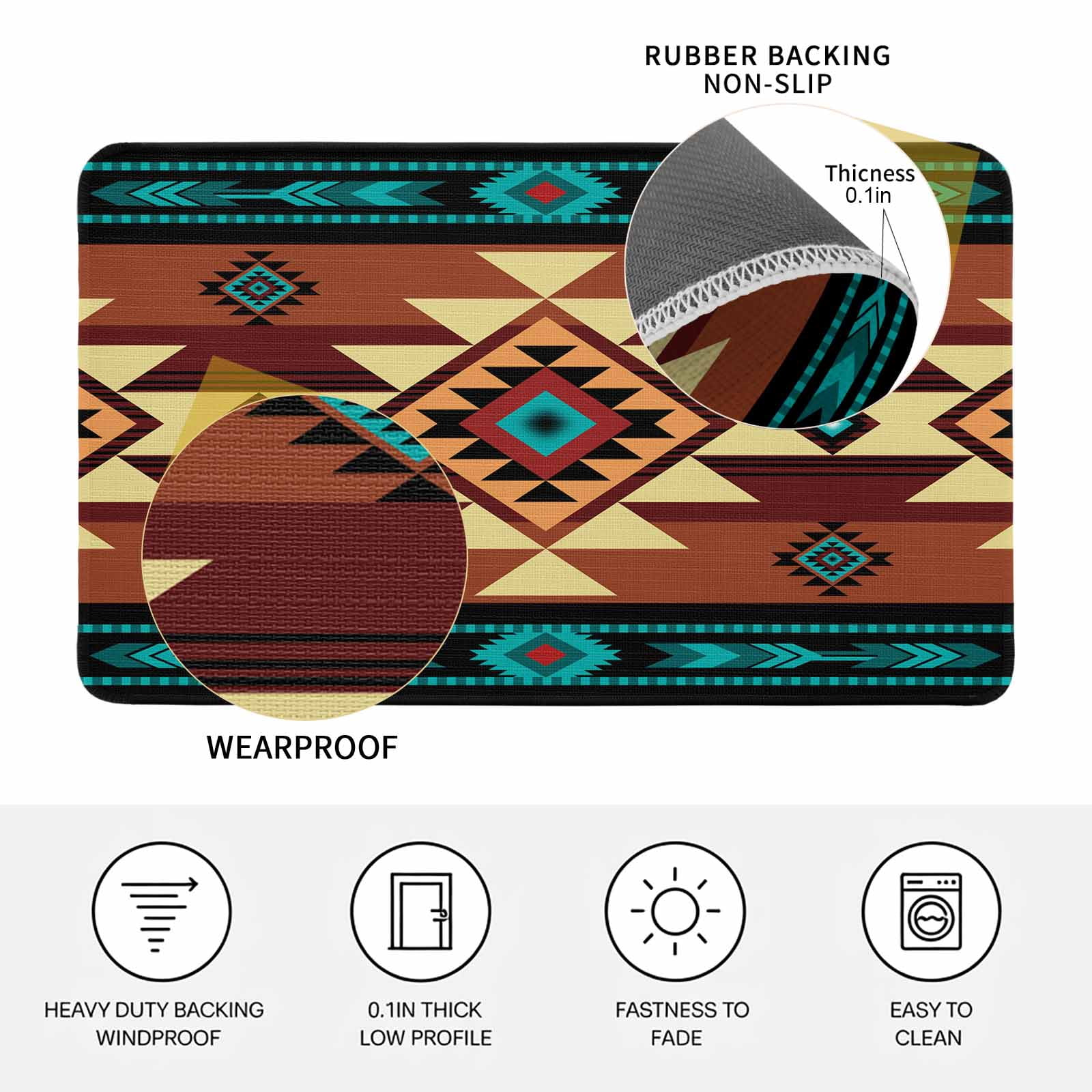 Turquoise Red Doormat Outdoor Entrance 16"x24", Southwest American Native Abstract Pattern Absorb Moisture Dirt Door Mats, Non-Slip Rubber Backing Floor Mats Indoor, Low-Profile Front Door Rugs