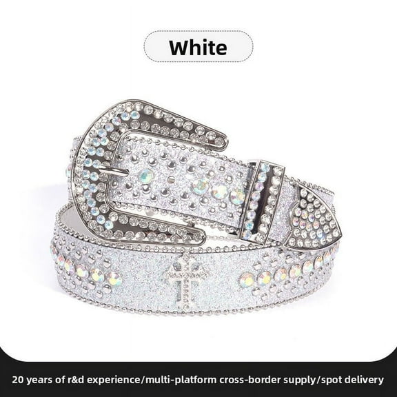 Unisex rhinestone-embellished crocodile-patterned belt with cross-shaped buckle – new street-style denim belt.