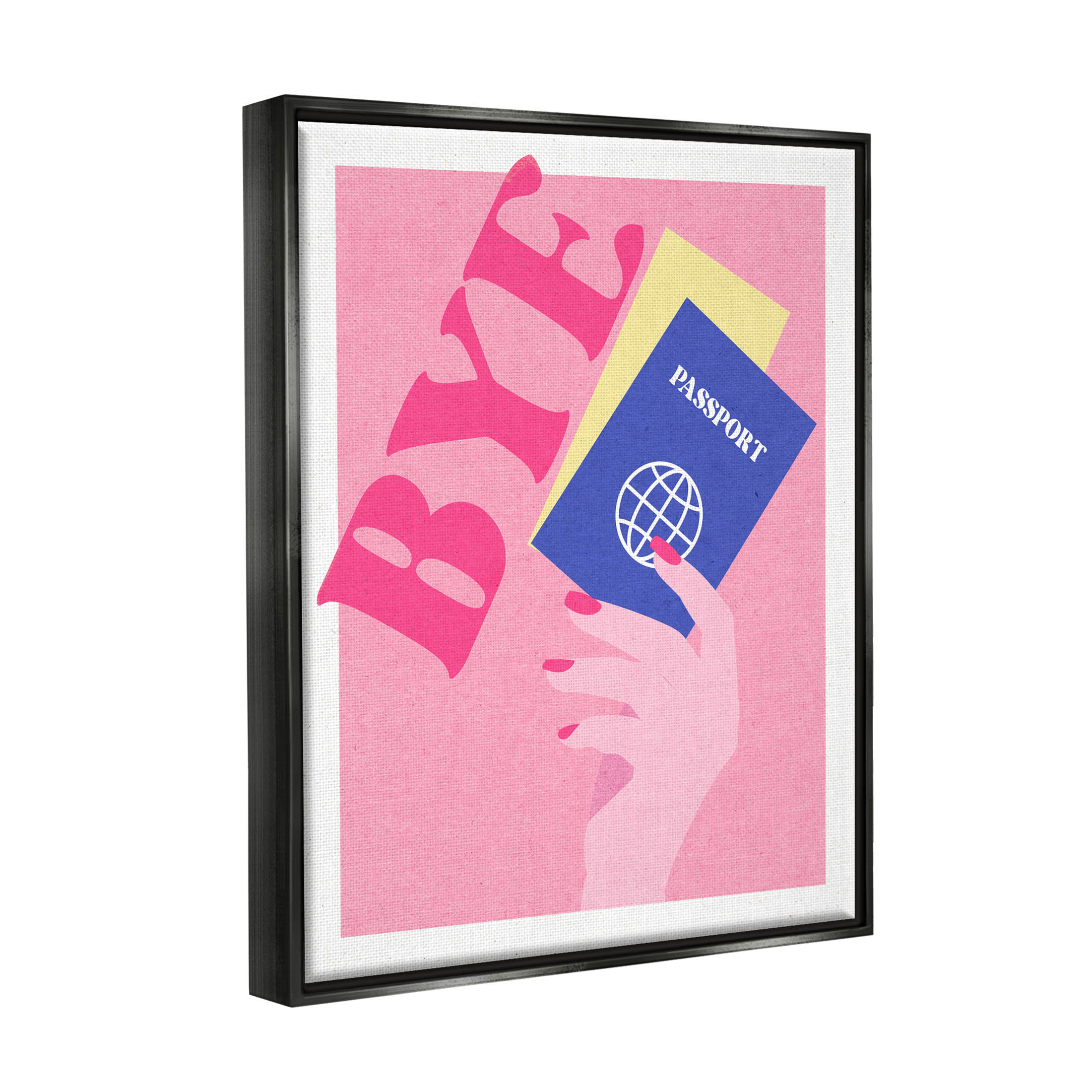 Stupell Industries Bye Holding Travel Passport Graphic Art Jet Black Floating Framed Canvas Print Wall Art, Design by Daphne Polselli
