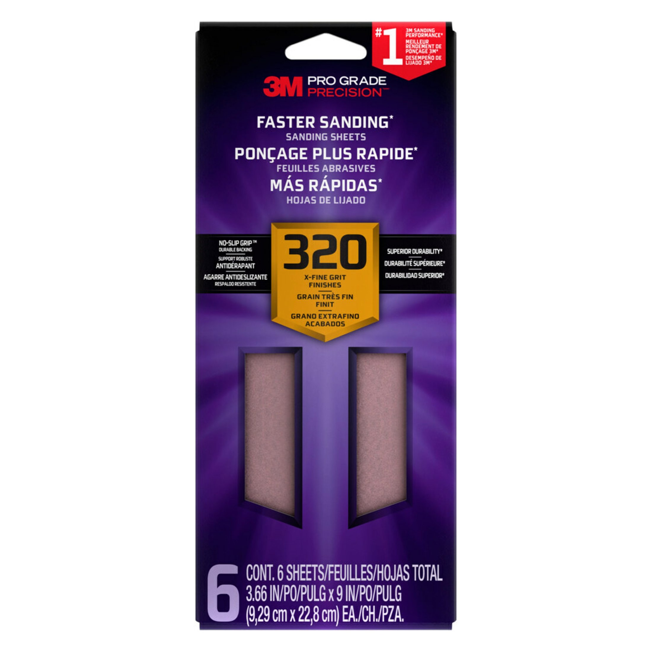 3M Pro Grade Precision Sandpaper, No-Slip Grip Backing, 3 2/3 in x 9 in, 320 Grit, 6 Sheets