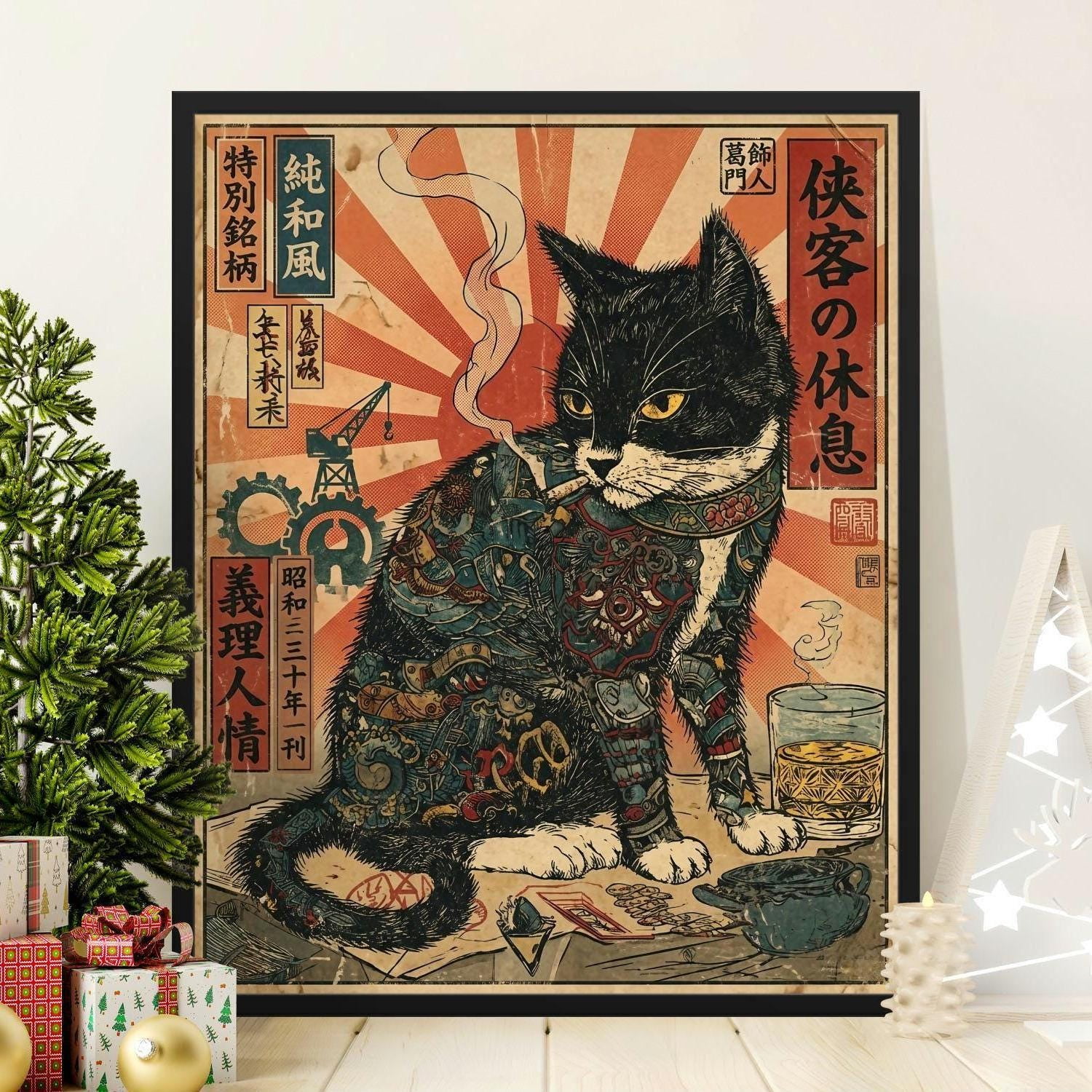 Cool Japanese Tattooed Cat Art Smoking Feline Ukiyoe Print Yakuza Gangster Cat Wall Decor Vintage Retro Art Print Poster