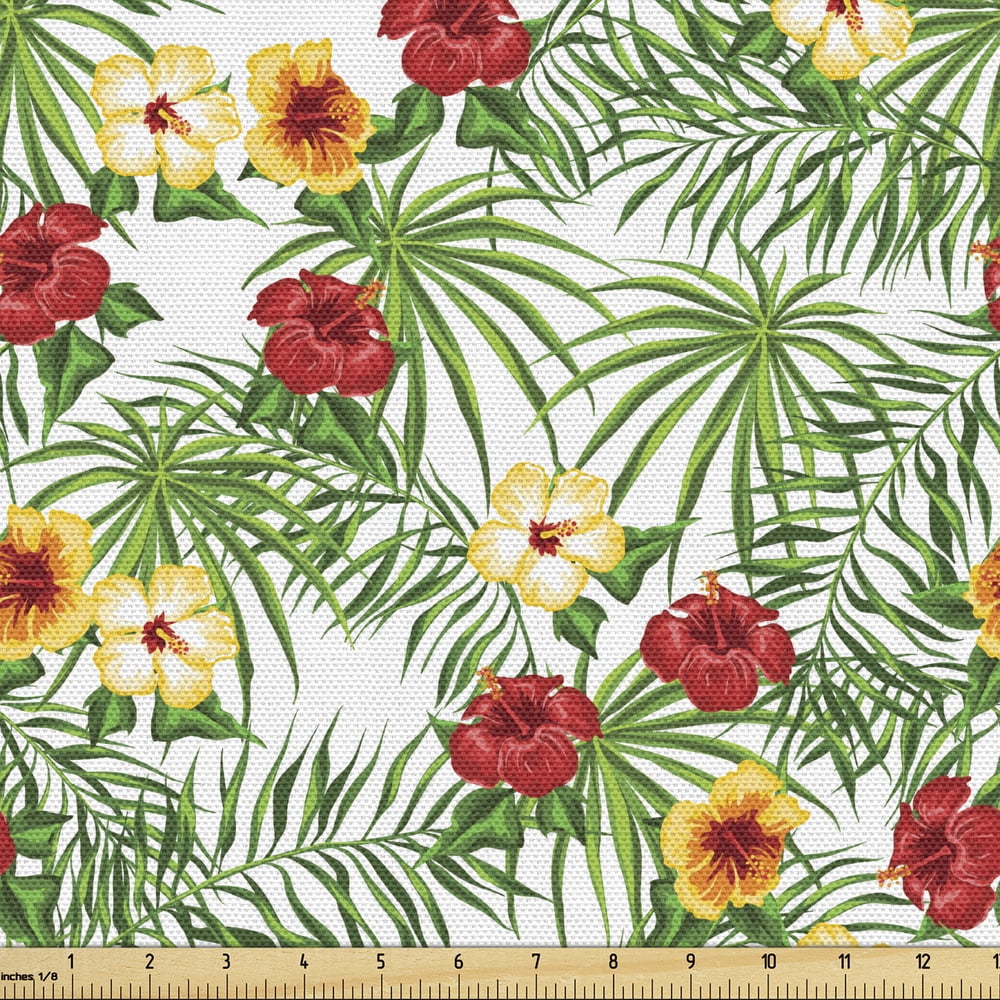Hibiscus Fabric by the Yard, Spread Flowers and Leaves of Tropical