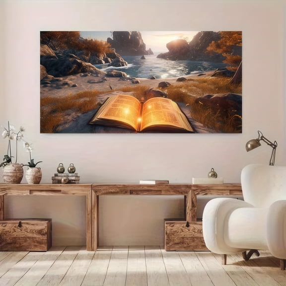 Framed Canvas Wall Art 48x24 Inch Coastal Sunset with Glowing Open Book on Beach Rocks Modern Home Decor for Living Room Bedroom Office