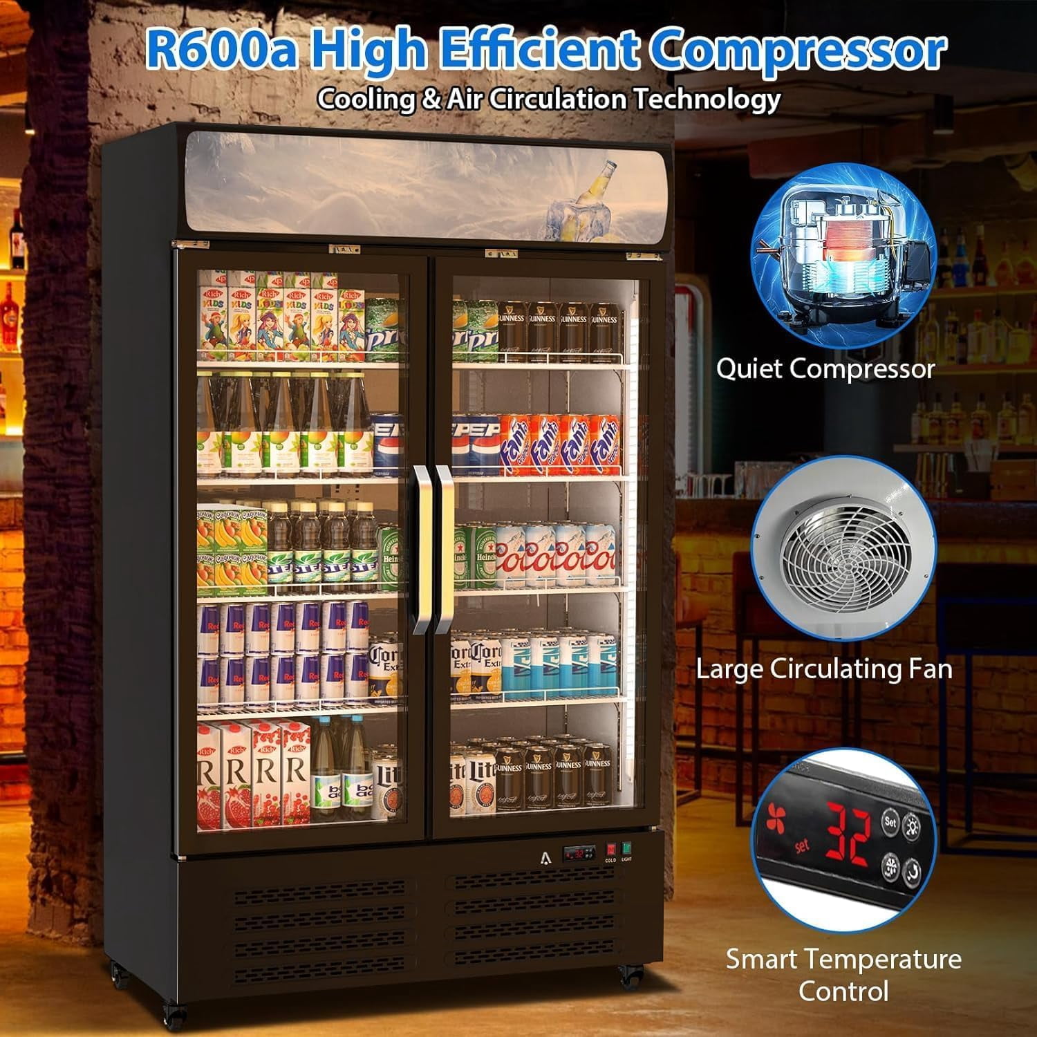 Commercial Merchandiser Refrigerator, 2 Glass Door Display Refrigerator, 25.3 Cu. Ft Upright Beverage Display Cooler with LED Light, Adjustable Shelves