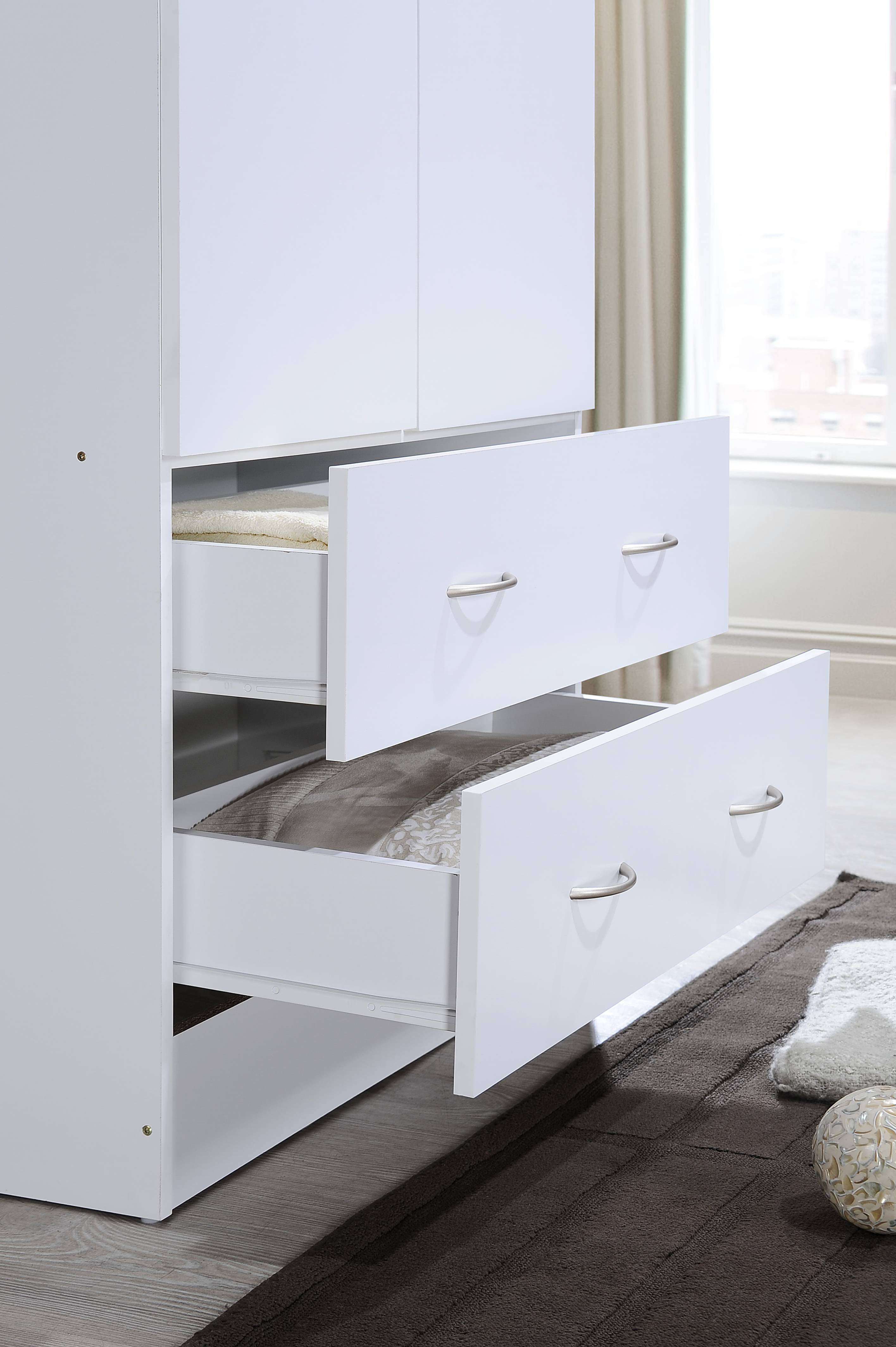 Hodedah Two Door Wardrobe with Two Drawers and Hanging Rod, White