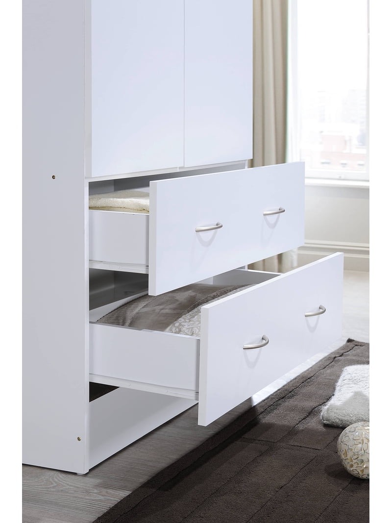 Hodedah Two Door Wardrobe with Two Drawers and Hanging Rod, White
