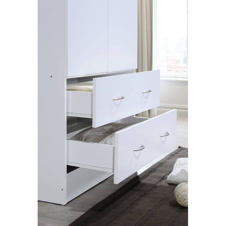 Hodedah Two Door Wardrobe with Two Drawers and Hanging Rod, White