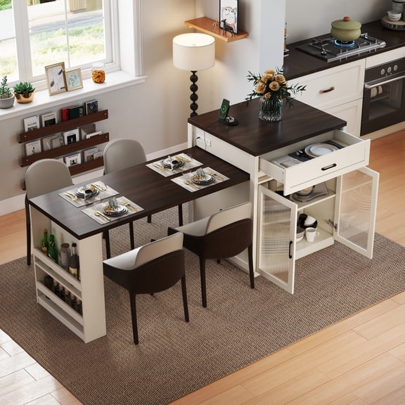 DTTRA 83.1'' Extendable Kitchen Island with Slide-Out Table, Power Outlet & Storage Racks, Tempered Glass Doors, Cream White