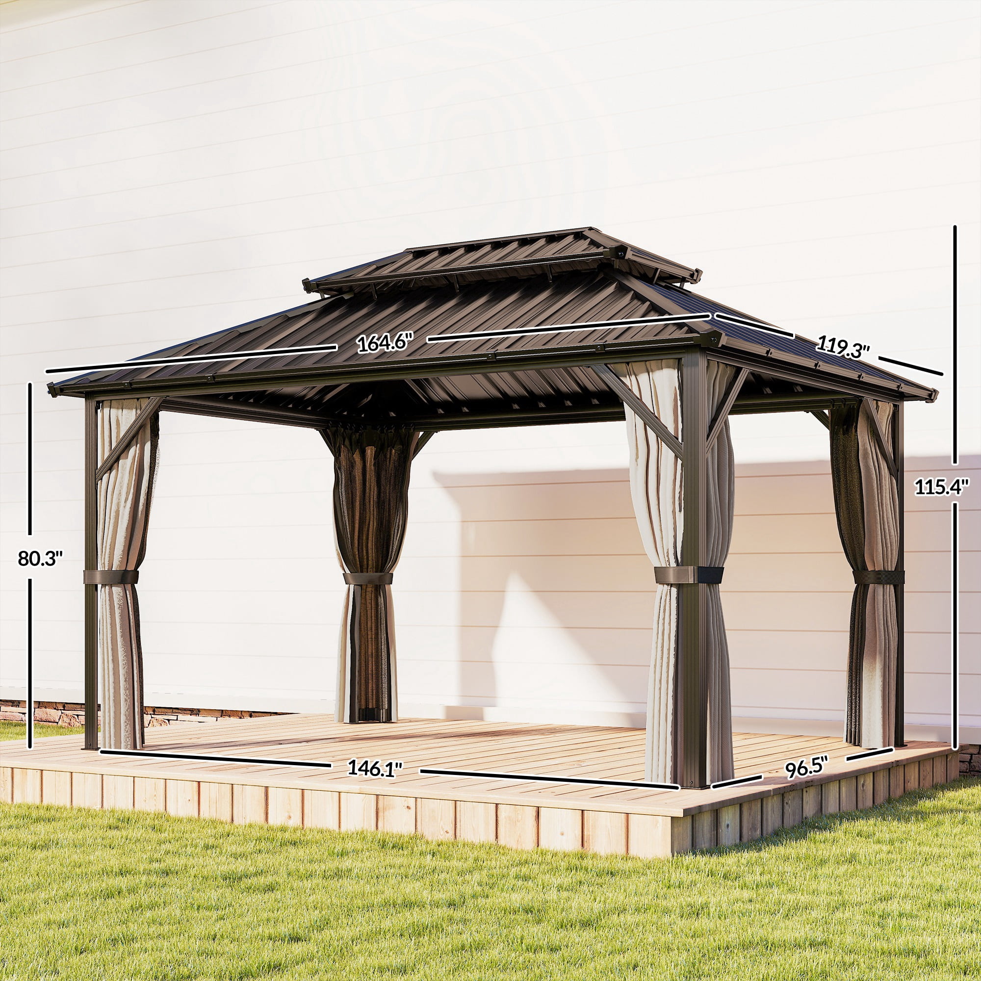 Outsunny 10' x 14' Hardtop Gazebo with UPF50+ Double Galvanized Steel Roof Canopy, Aluminum Frame Permanent Gazebo with Curtains, Netting, Brown