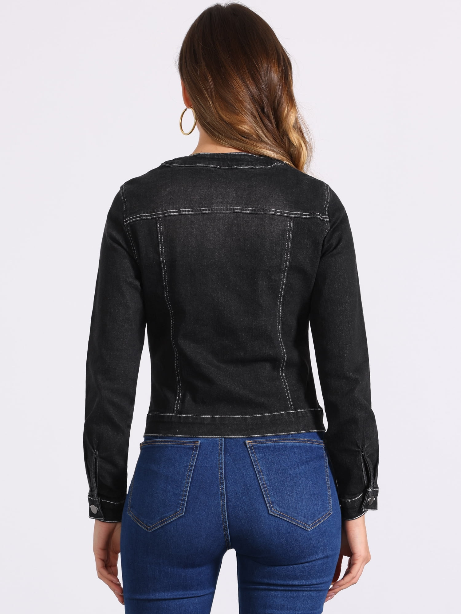 DARING DIVA Women's Button Down Collarless Cropped Denim Jacket L Black