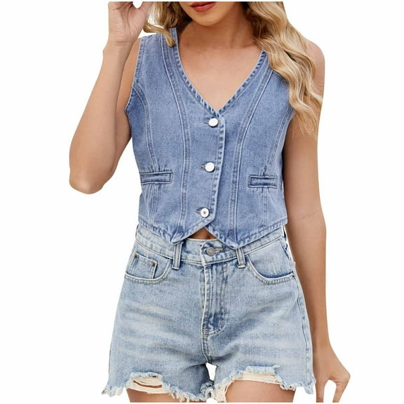 UAMVSH Womens Cropped Denim Vests Lightweight Button down Cropped Jean Jackets Trendy Western Sleeveless Tank Tops Ladies Fashion(X-Large,Light Blue)