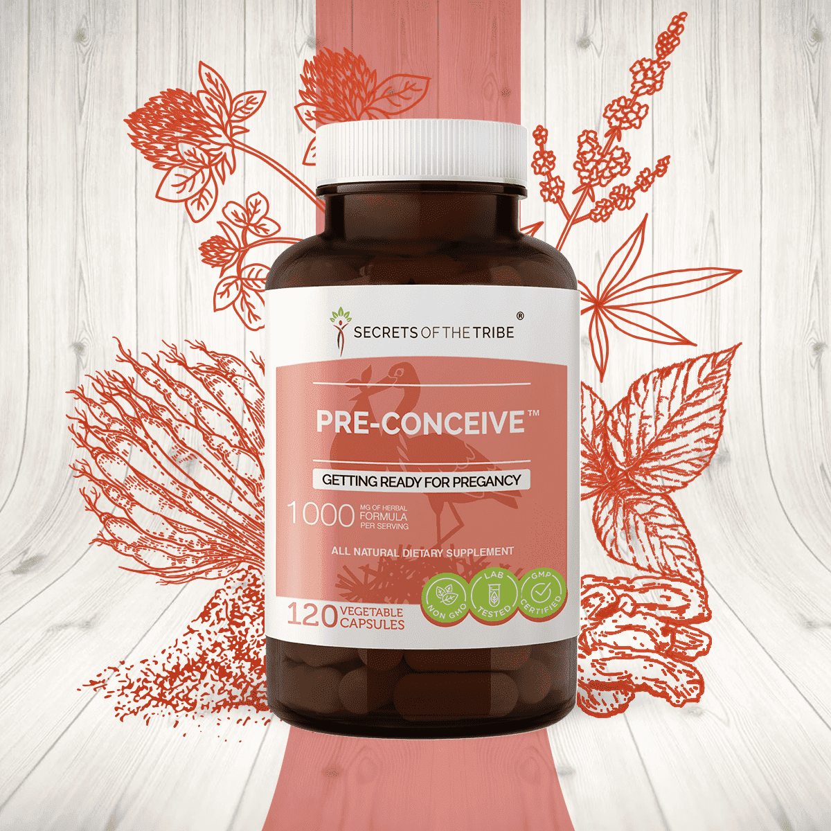 Secrets of the Tribe Pre-Conceive Capsules Dietary Supplement, Natural Herb Blend, Made from Vitex, Red Raspberry, Black Cohosh, Red Clover, White Peony, Shatavari 120 Count