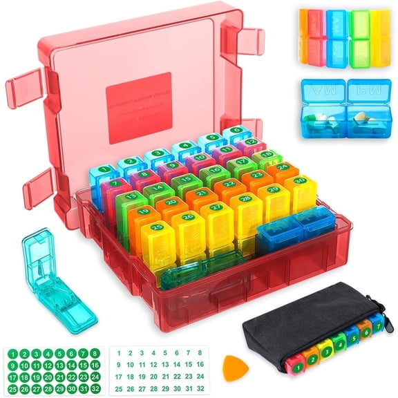 Monthly Pill Organizer 2 Times a Day, Portable AM PM Pill Box with Weekly Travel Bag, Large Capacity Medicine Organizer with Labels, 30 Day Pill Case & Pill Cutter for Medication Management (Red)