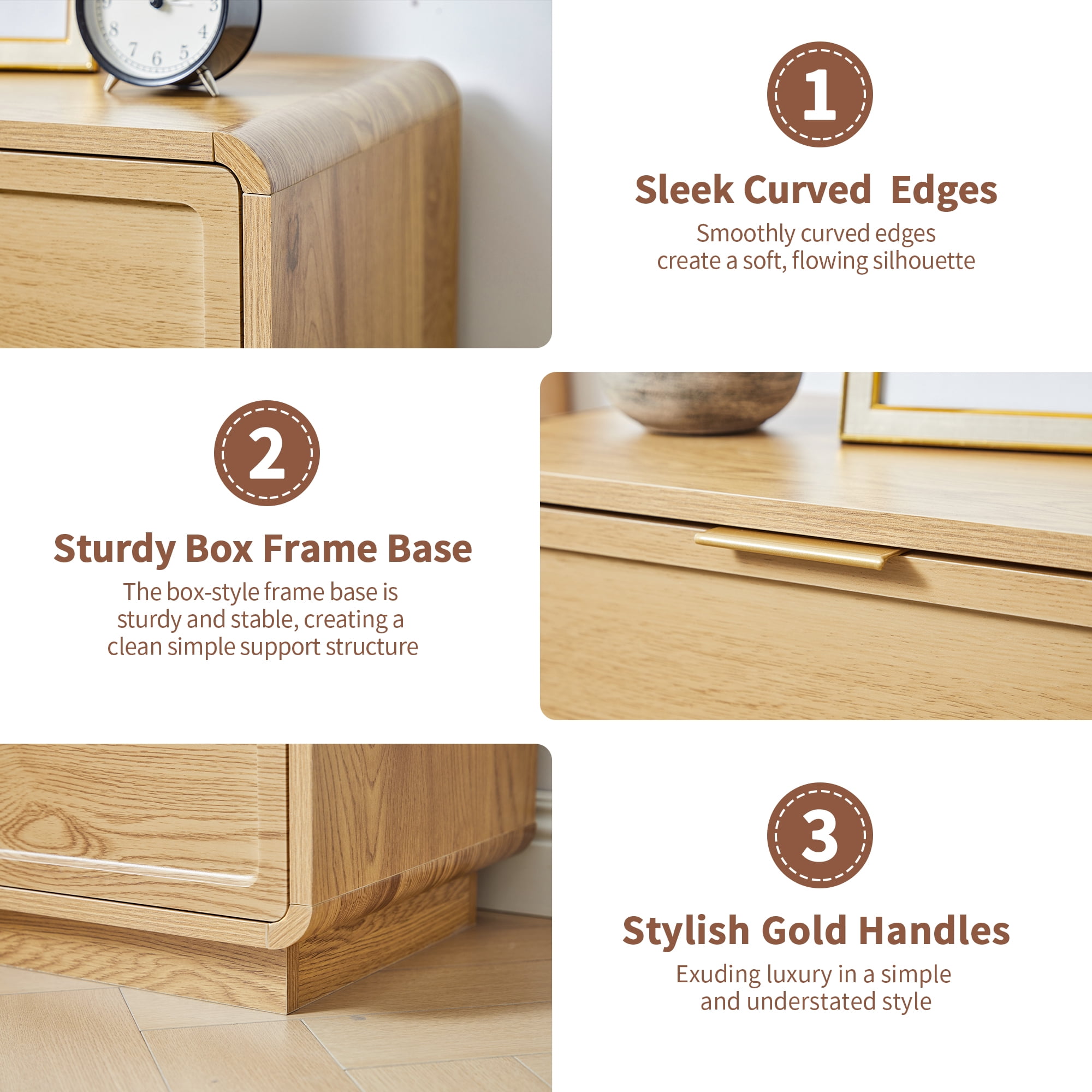 Set of 2 Mid-Century Modern 3-Drawer Dresser & Nightstand, Wood Storage Cabinet for Bedroom, Living Room or Entryway, Farmhouse Bedside Table, Oak