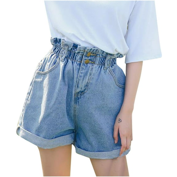 IROINNID Women's Casual High Waist Elastic Waist Wide Leg Solid Denim Shorts