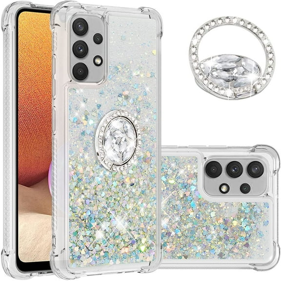 Samsung Galaxy A32 4G(Not 5G) Case,Creativity Clear Quicksand Glitter Flowing Liquid Floating Soft TPU Case w/Stand Bling Diamond Sparkle Phone Cover for Samsung Galaxy A32 4G Silver