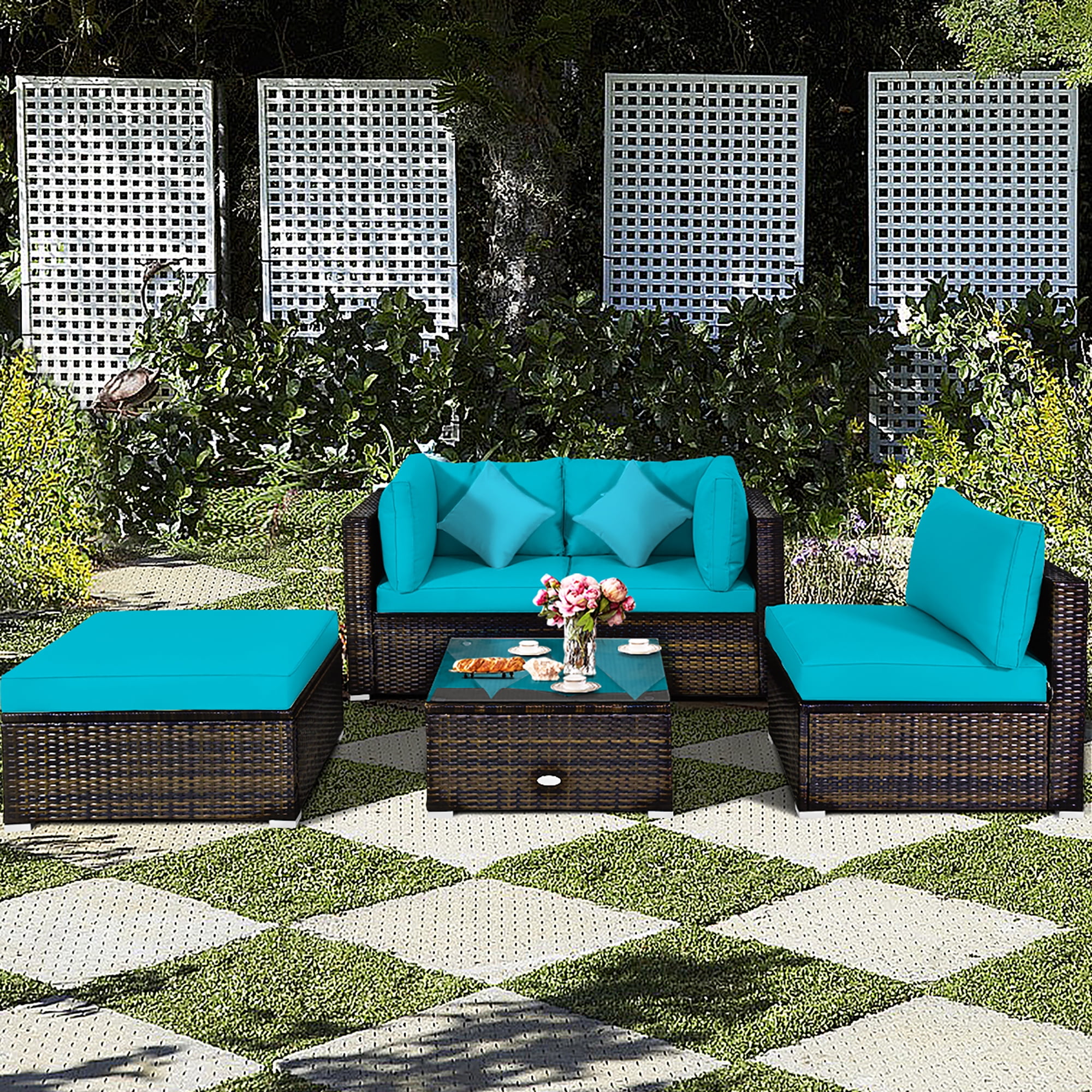 Costway 5PCS Outdoor Patio Rattan Furniture Set Sectional Conversation Turquoise Cushion