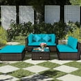 thumbnail image 2 of Costway Ensemble de Mobilier de Jardin en Rotin 5 Pcs, Canapé d'Angle, Coussin Turquoise, 2 of 10