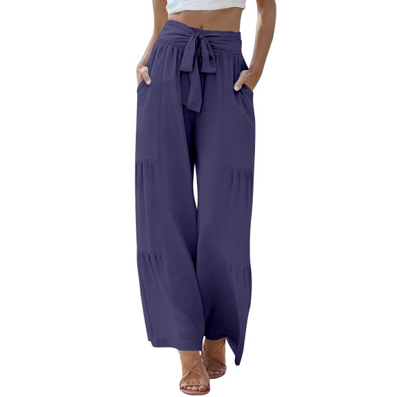 Certgust Hot Sales Under $25 Pants Pants for Women Wide Leg Flowy Elastic Waist Drawstring with Pockets Summer Beach Vacation Clothes