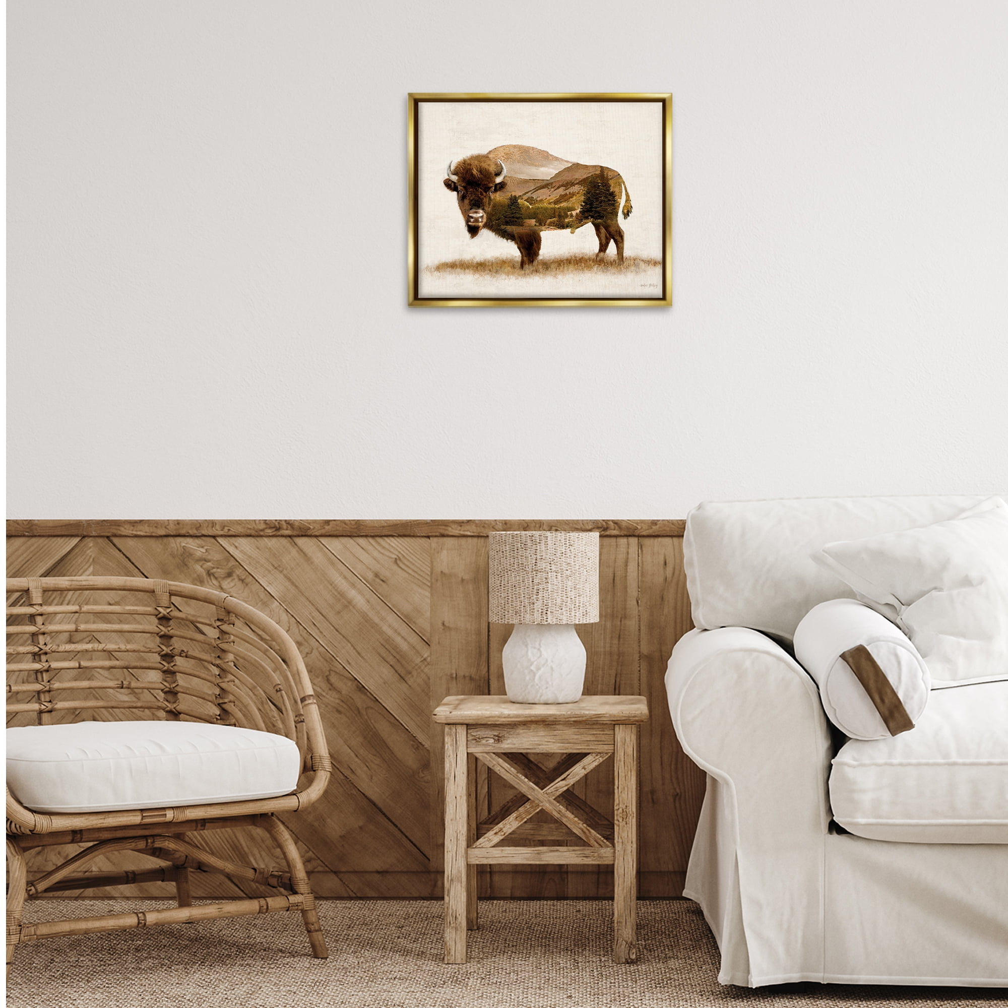 Stupell Industries Nature Patterned Bison Animals & Insects Painting Gold Floater Framed Art Print Wall Art, 21 x 17