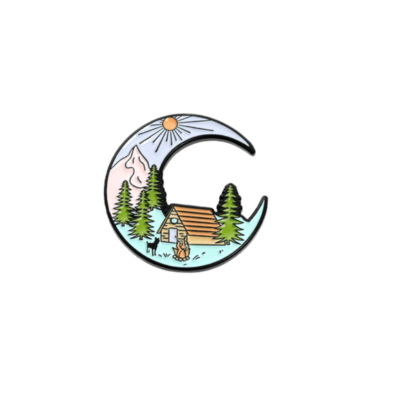 Don’t Ask Women’s Cabin Getaway Crescent Moon Pin Brooch – Outdoor-Themed Brooch for Women