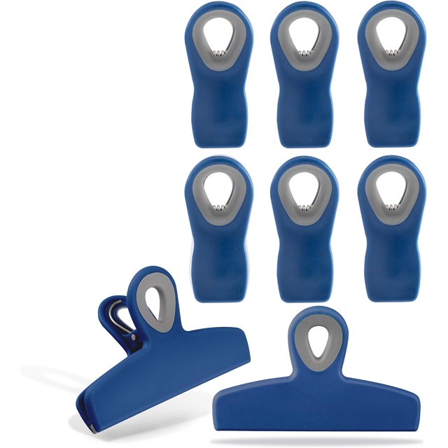 HAHDAXIA Cook with Color Set of Eight Bag Clips, 2 Large Heavy Duty Chip Clip and 6 Refrigerator Magnet Clips for Food Storage with Air Tight Seal Grip for Snack Bags and Food Bags (Blue)