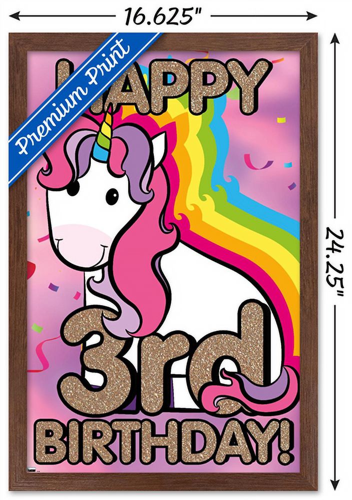 Ellie Ripberger Unicorn - Happy 3rd Birthday Wall Poster, 14.725" x 22.375", Framed